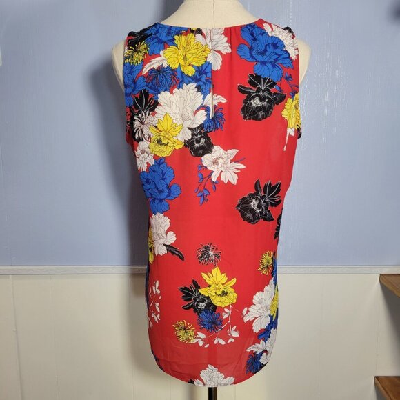 Violet + Claire Small Bright Red Blue Floral Keyhole Sleeveless Summer Blouse - Picture 4 of 9